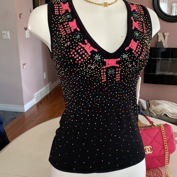 Vintage Black Fully Beaded  multicolour Sleeveless Sweater Top Sz L - Picture 5 of 14